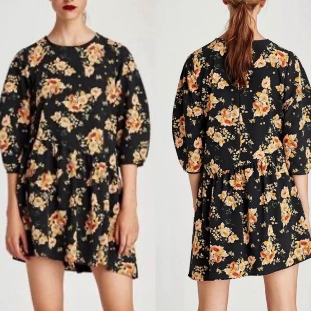Zara 8411/154 Fall Black Yellow Peach Floral Romper Asymmetrical Skirt XS